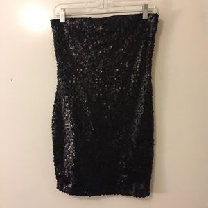 Strapless matte black sequin mini dress
